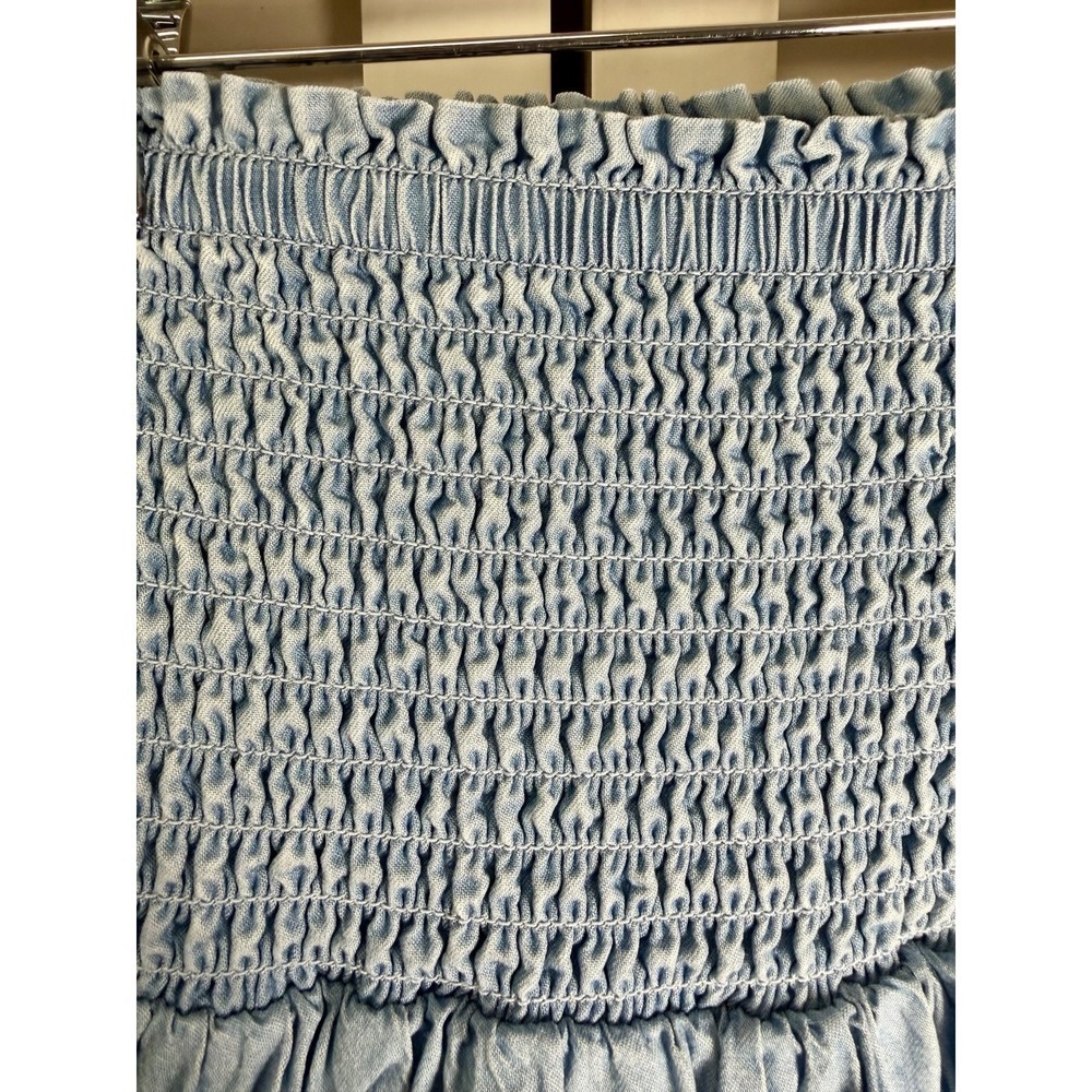 Aerie Smocked Tiered Fringe Ruffle Chambray Denim Mini Skirt Women's Size Small - Picture 3 of 8